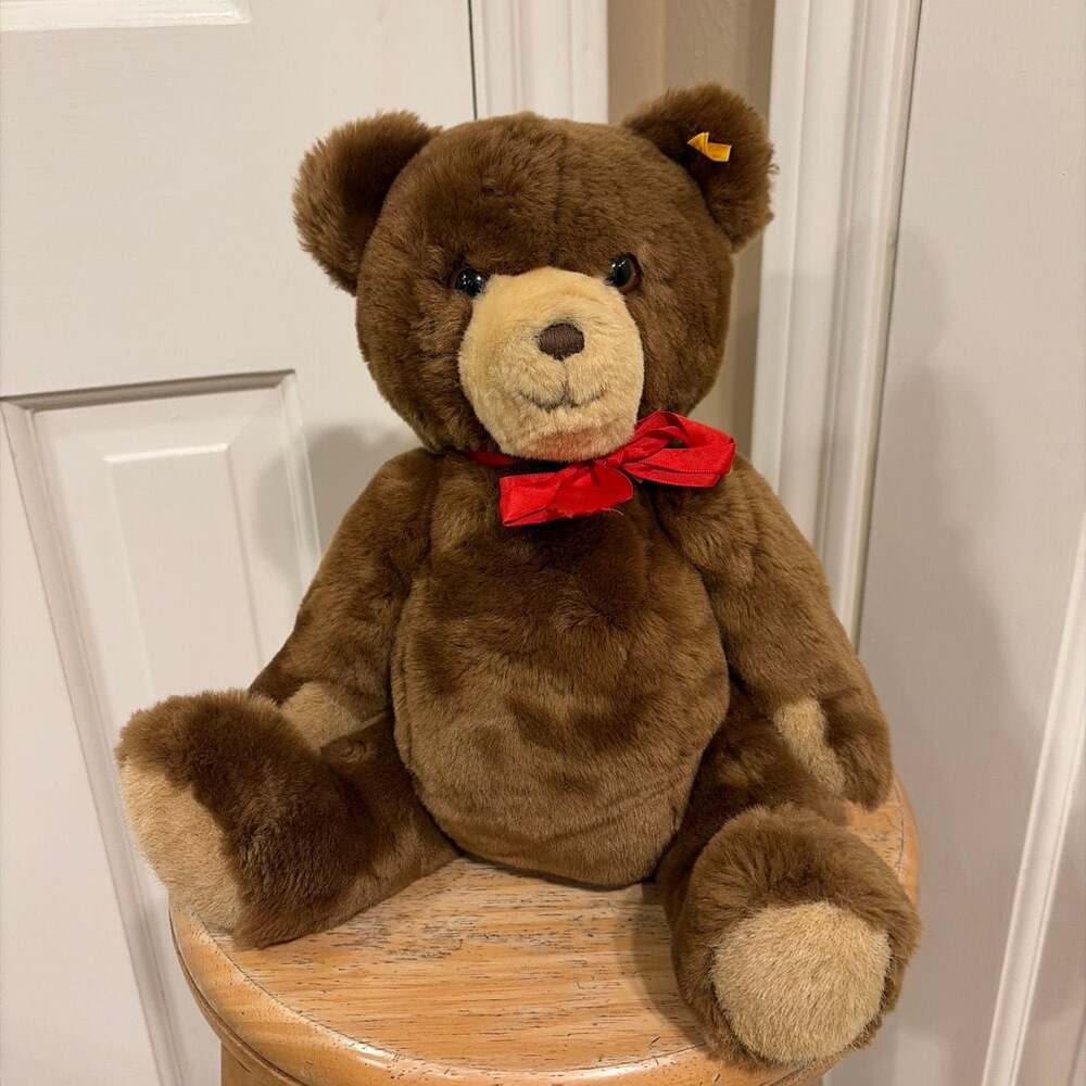 Vintage Steiff Petsy Brown Teddy Bear with Red Ribbon
